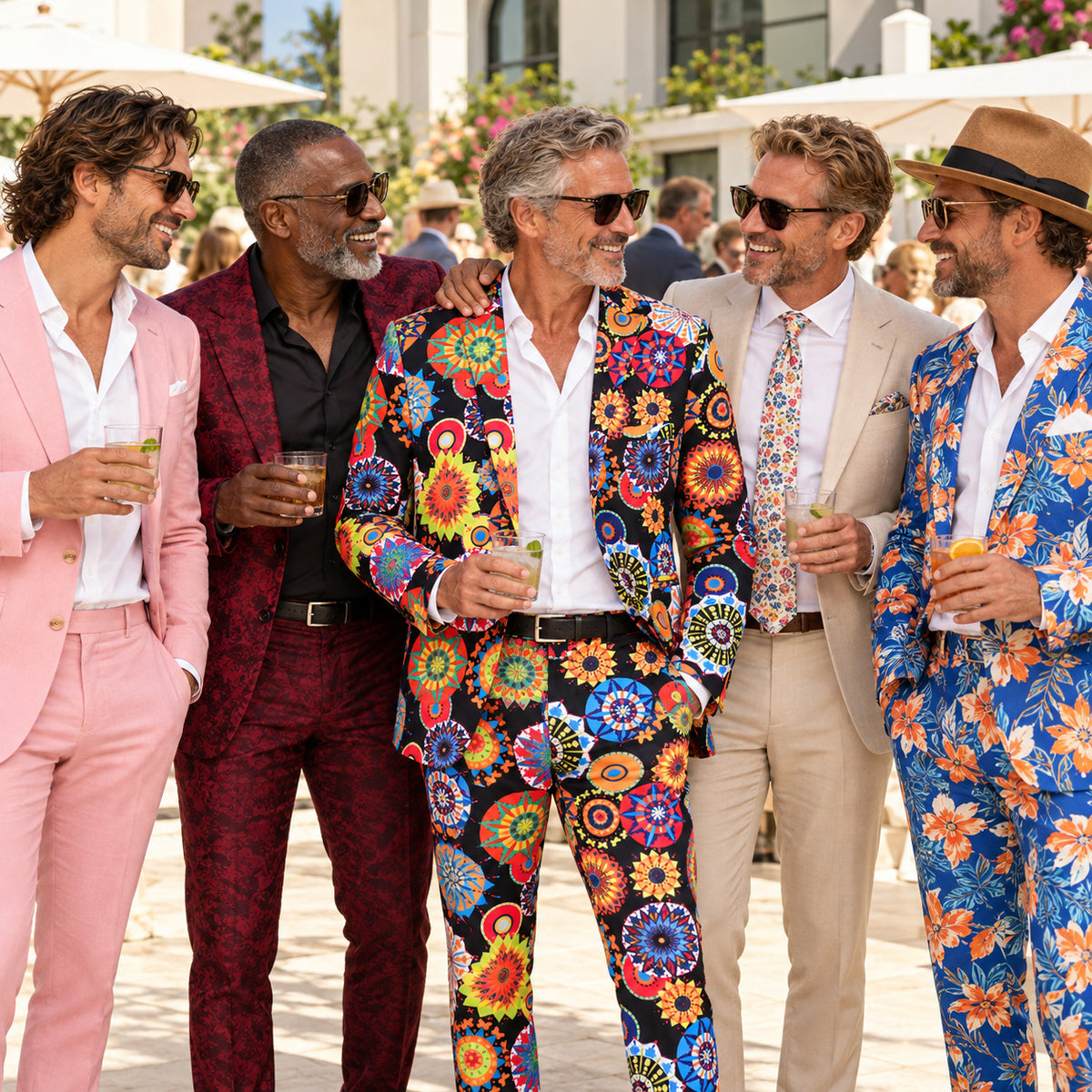 Group of stylish men wearing Wisholic colorful printed and statement party suits at an outdoor summer celebration.