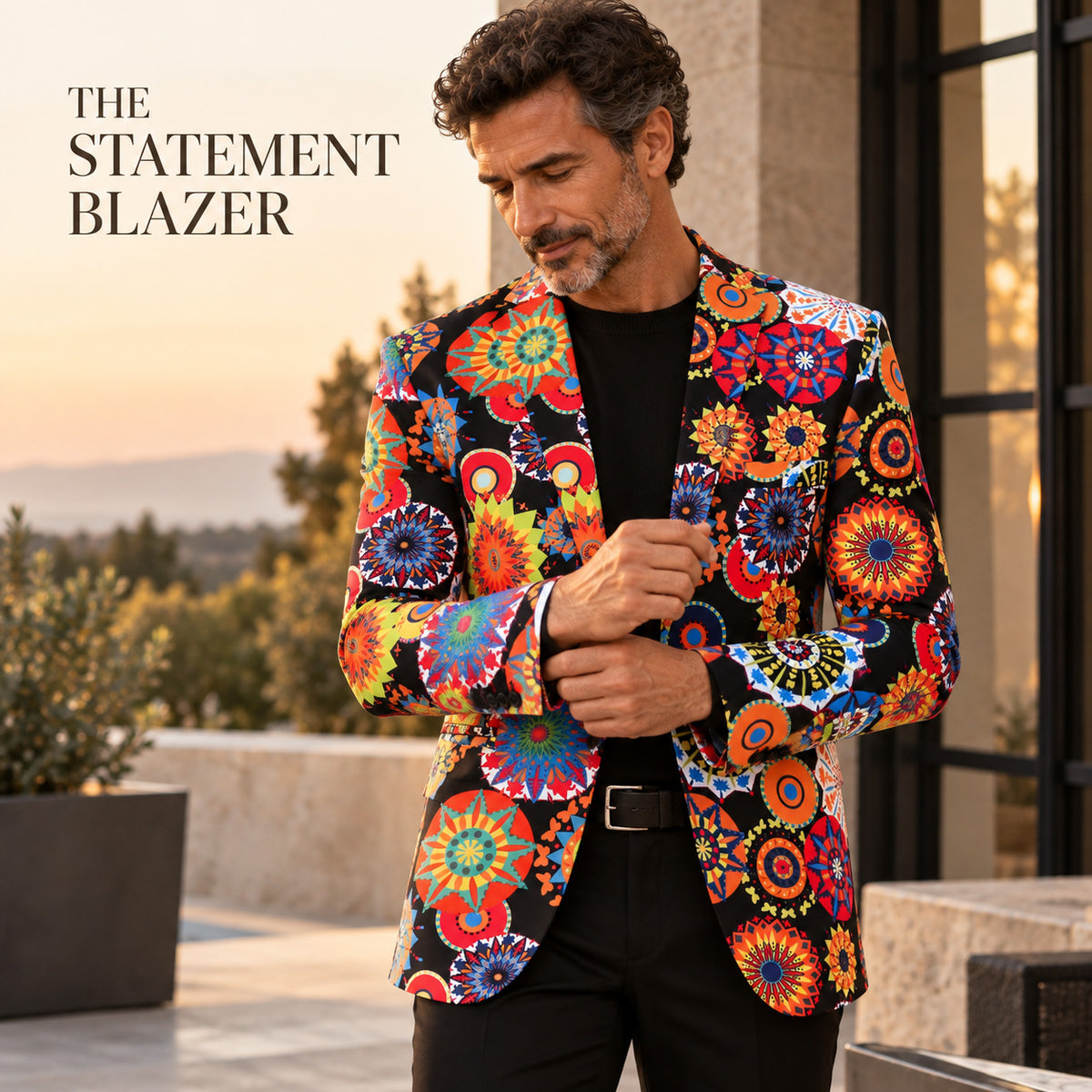 WISHOLIC men's colorful mandala print statement blazer styled with a black knit shirt and black trousers for a smart casual look.