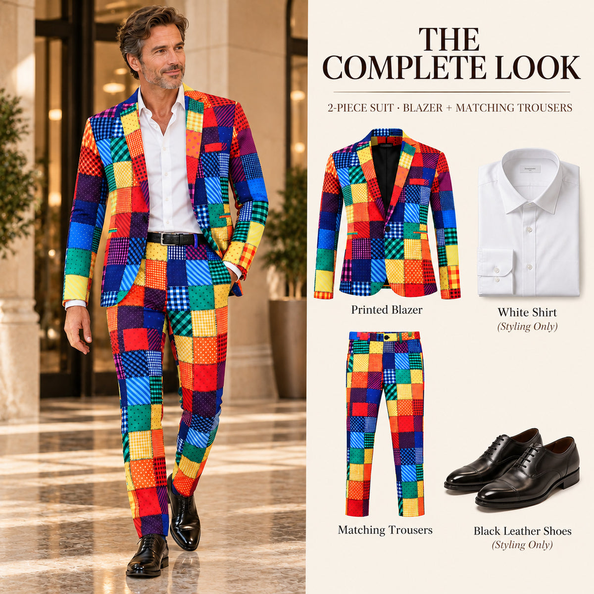Wisholic complete look featuring a 2-piece men's patchwork printed suit set with blazer and matching trousers, styled with a white dress shirt and black leather shoes
