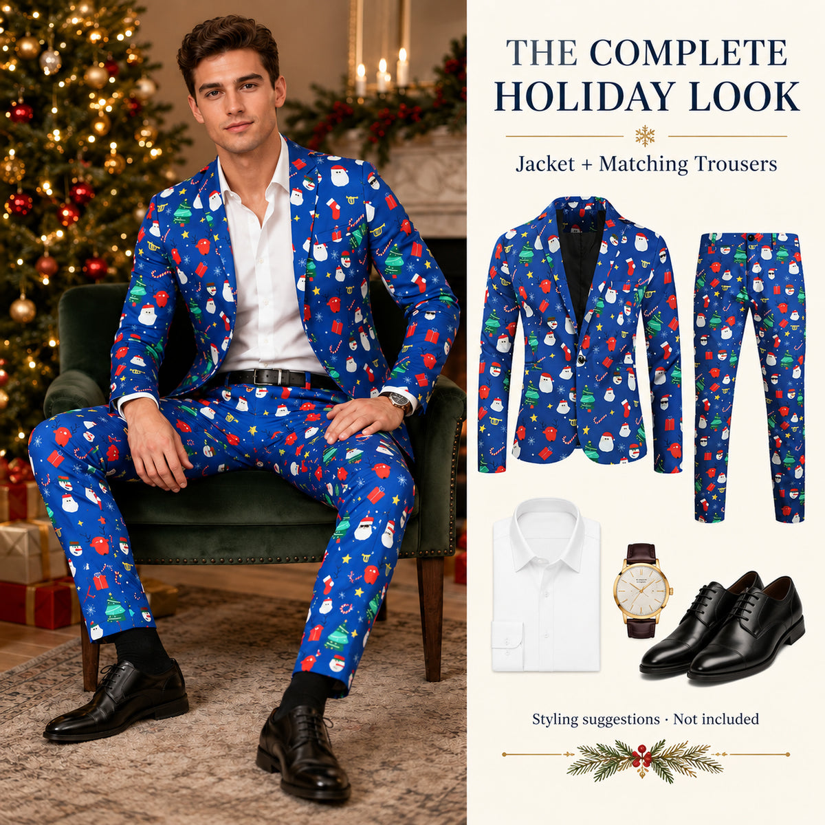 Product detail collage of Wisholic men's blue Christmas blazer showing lapel finish, festive pattern print, and shoulder structure.