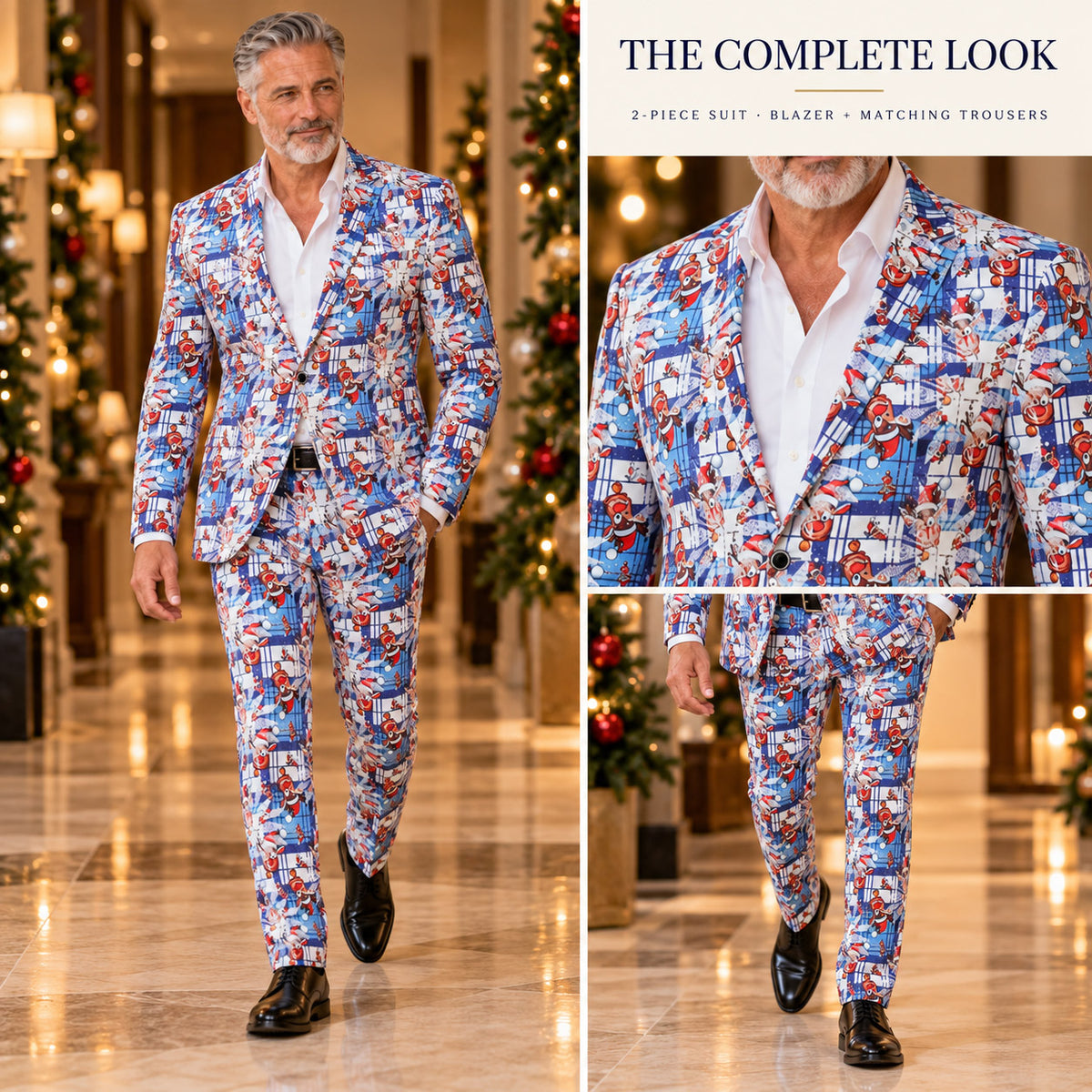 Wisholic complete holiday look guide showcasing 2-piece blue reindeer plaid jacket and matching dress trousers on model