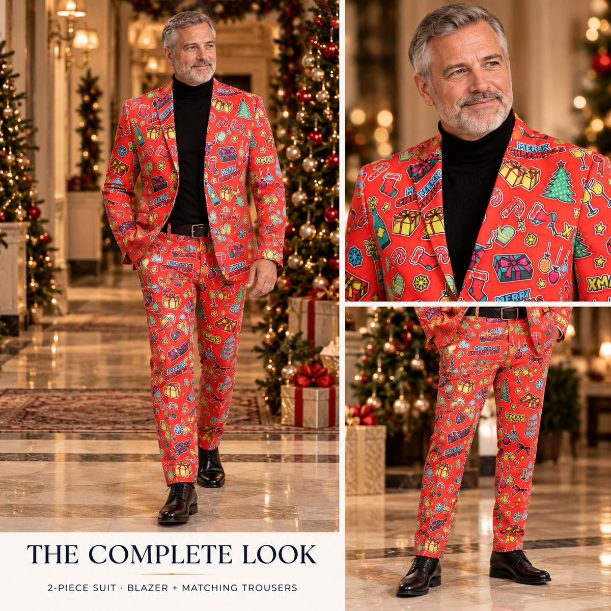 Wisholic festive suit collage showcasing The Complete Look 2-piece red Christmas print blazer and matching pants