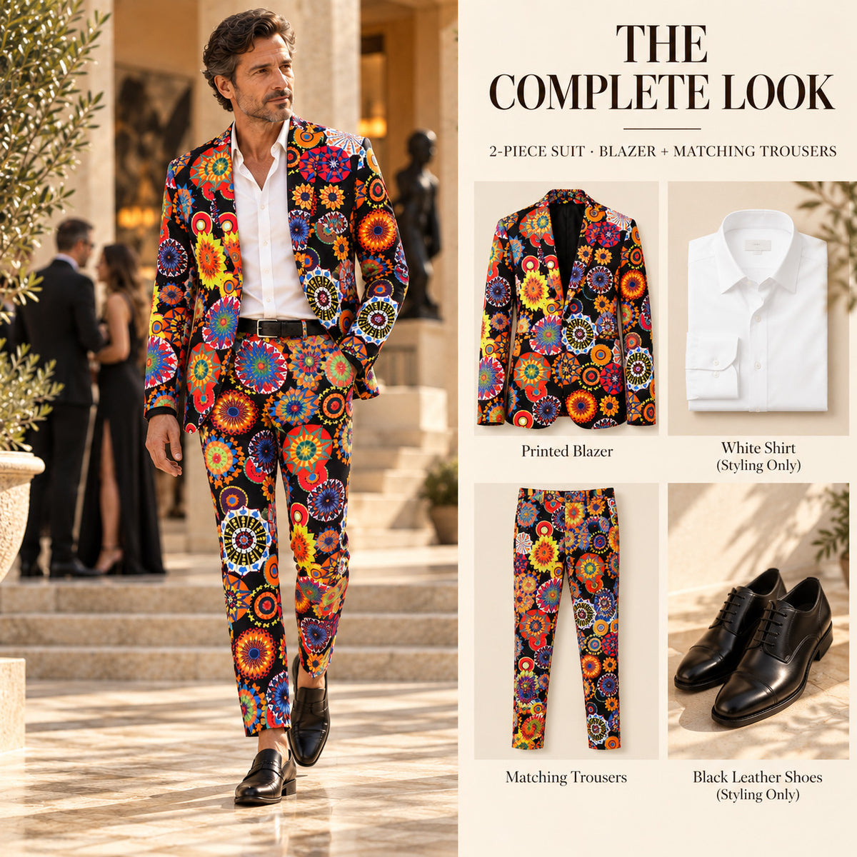Wisholic complete look featuring a 2-piece men's vibrant mandala printed suit with blazer and matching trousers, styled with a white shirt and black shoes
