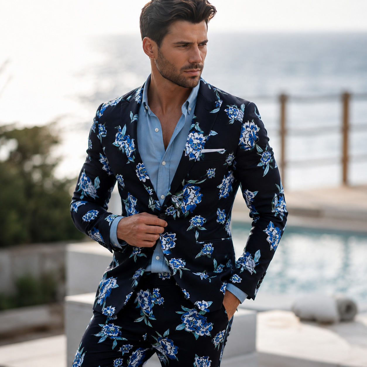 Athletic model in Wisholic dark blue floral blazer jacket paired with a light blue button-down shirt by the poolside.