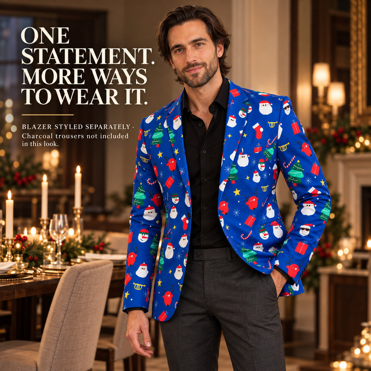 Wisholic men's Christmas blazer styled separately with a black shirt and charcoal trousers in a holiday dining setting.