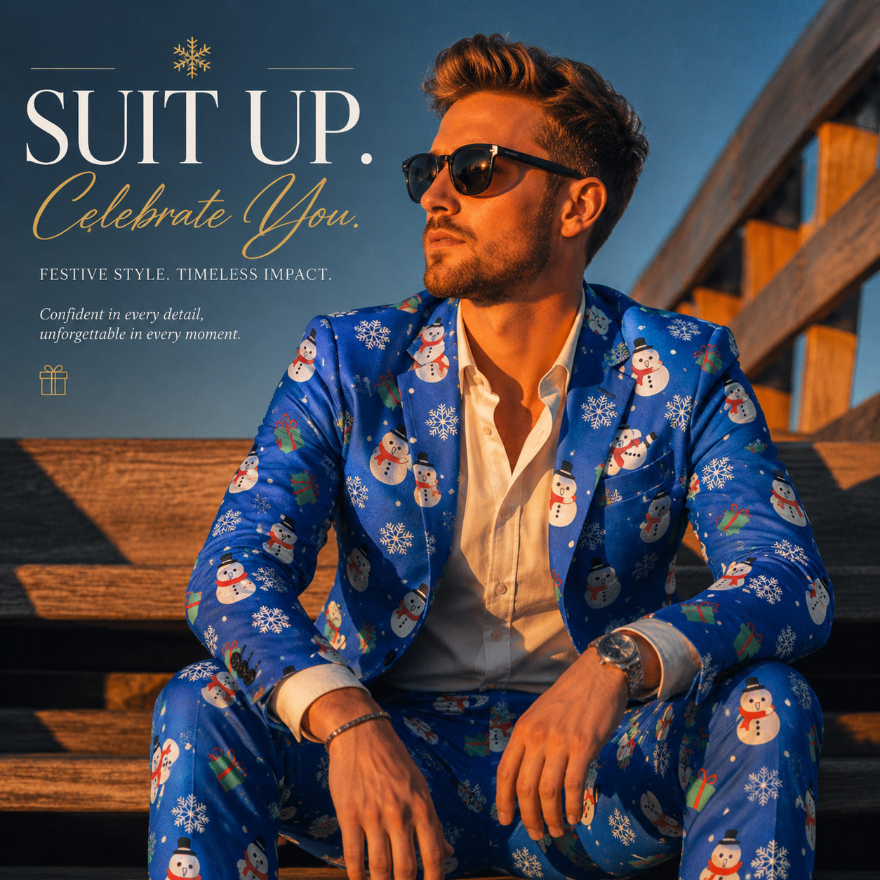 WISHOLIC Festive Blue Snowman Print Blazer and Suit Pants for Men