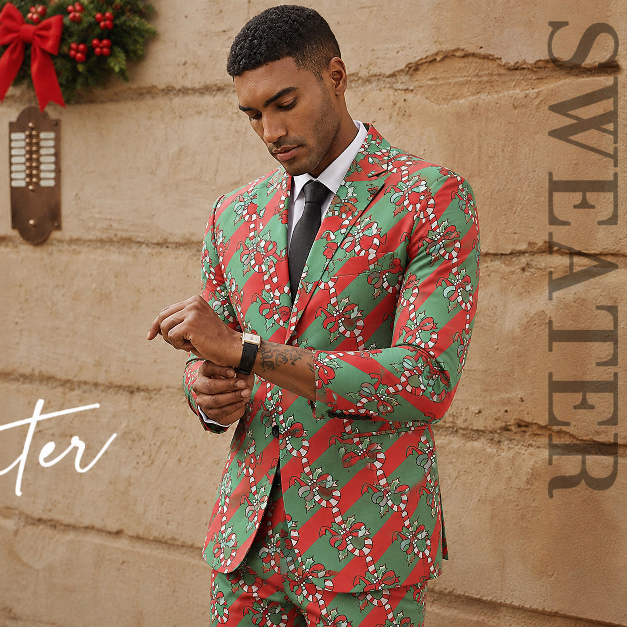 Man wearing a green and red holiday pattern suit with black tie outdoor look | WISHOLIC