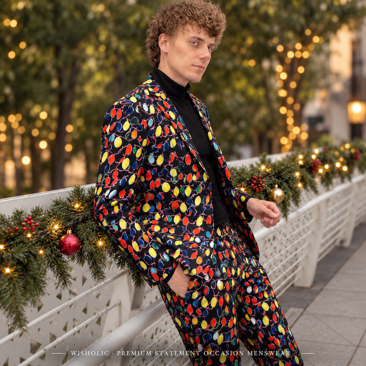 Wisholic festive men's Christmas light blazer suit paired with a black turtleneck shirt against evening holiday lights background.