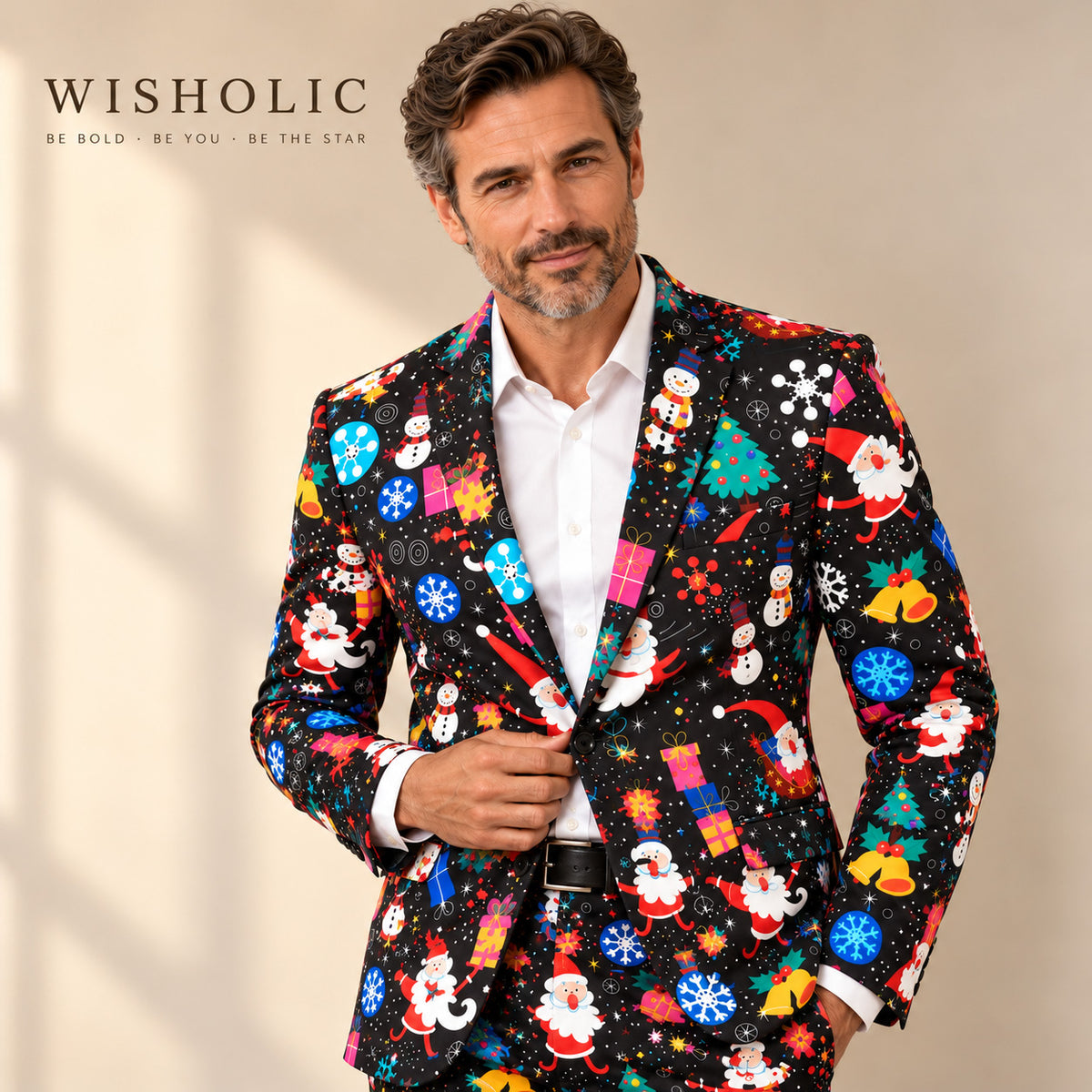 Wisholic branded men's festive Christmas pattern suit jacket in black with Santa Claus and snowman graphics.