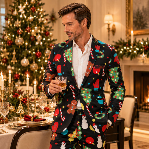 Model wearing Wisholic men's Christmas pattern suit holding a drink at a holiday dinner party