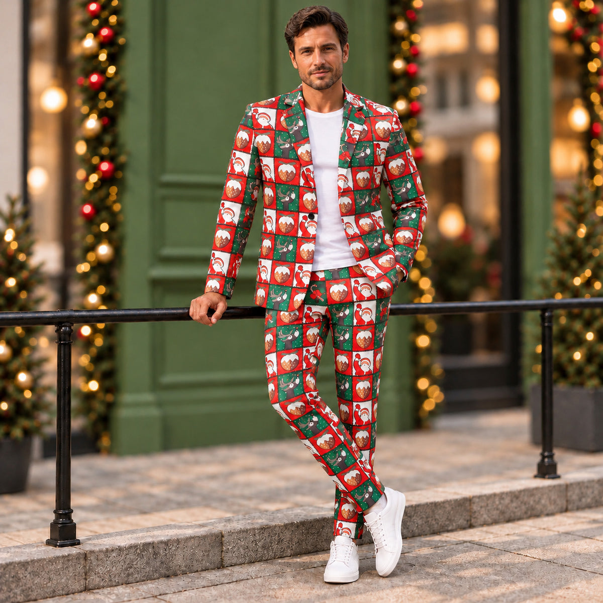 Man wearing a Wisholic full-body festive Christmas printed suit styled with white sneakers outdoors.