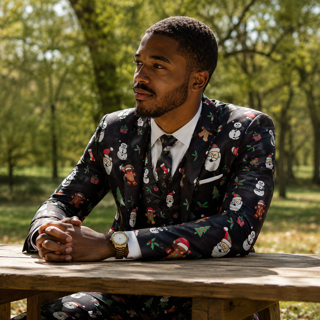 Close up portrait of men's Christmas pattern suit jacket and waistcoat | WISHOLIC