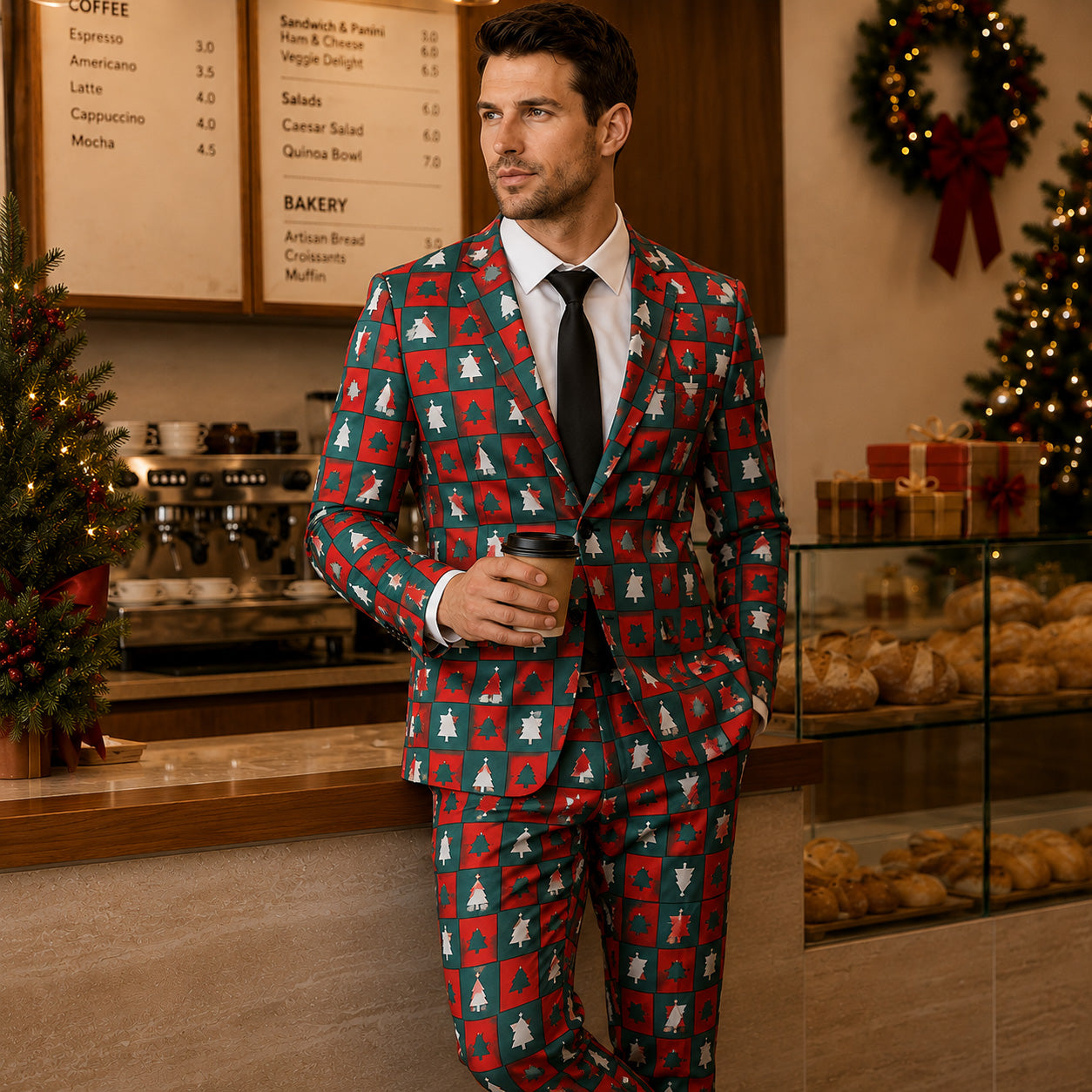 WISHOLIC Men's Green and Red Christmas Tree Printed Blazer Suit at Coffee Counter | WISHOLIC