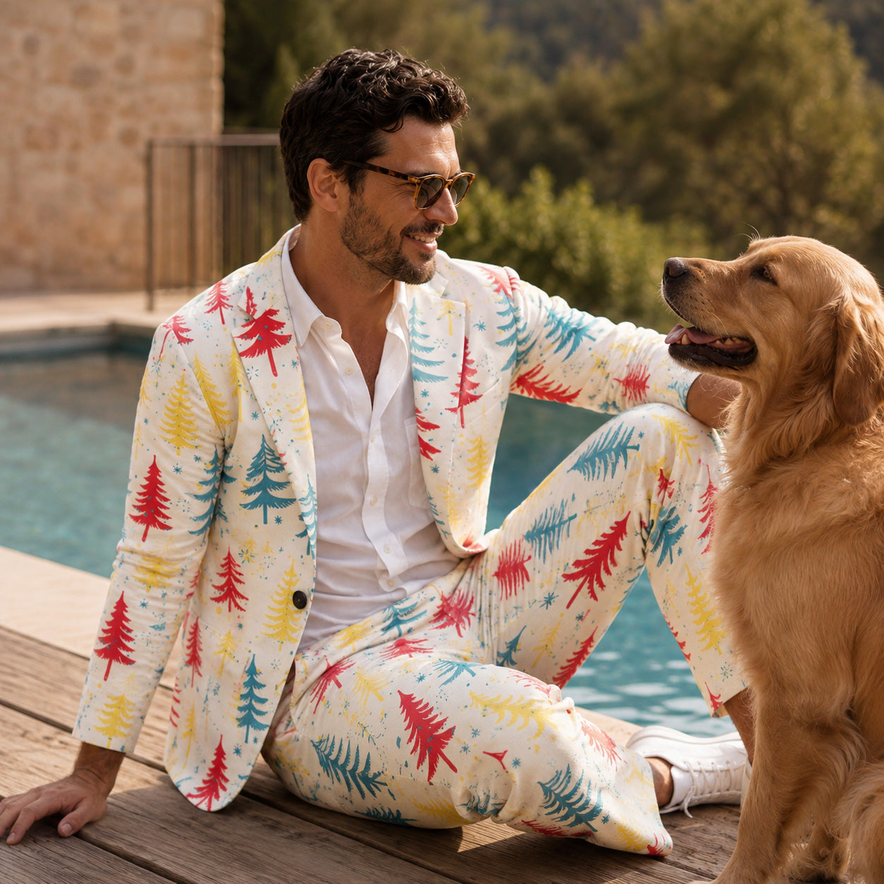 Model sitting poolside with a golden retriever wearing a white festive Christmas tree printed suit | WISHOLIC