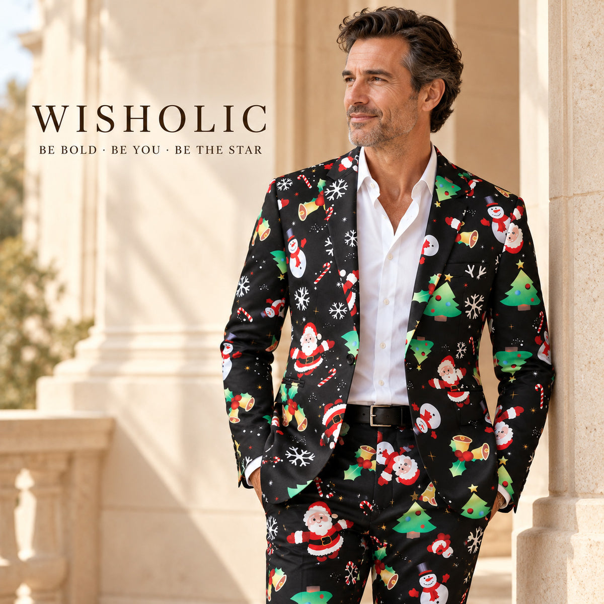 Wisholic stylish men's Christmas pattern printed suit look with brand slogan 'Be Bold Be You Be The Star'.