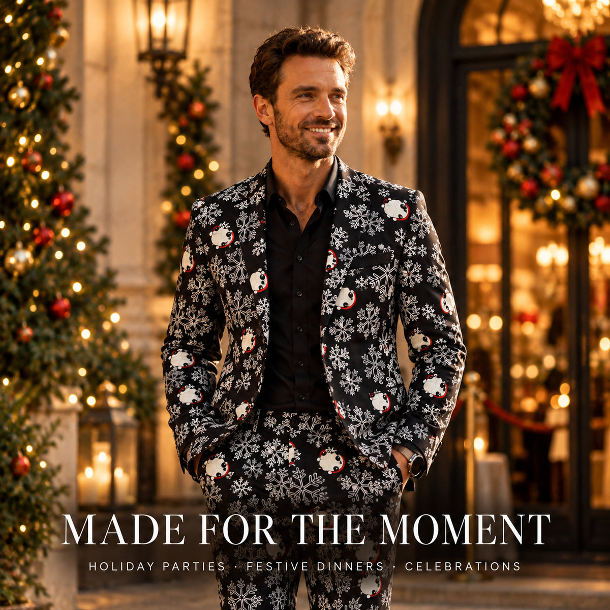 Wisholic men's festive celebration suit for Christmas parties and holiday dinners featuring snowflake and Santa pattern.