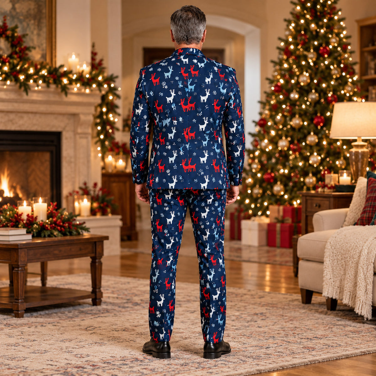 Rear view of Wisholic tailored fit holiday Christmas suit set showing seamless all-over snowflake and reindeer pattern alignment