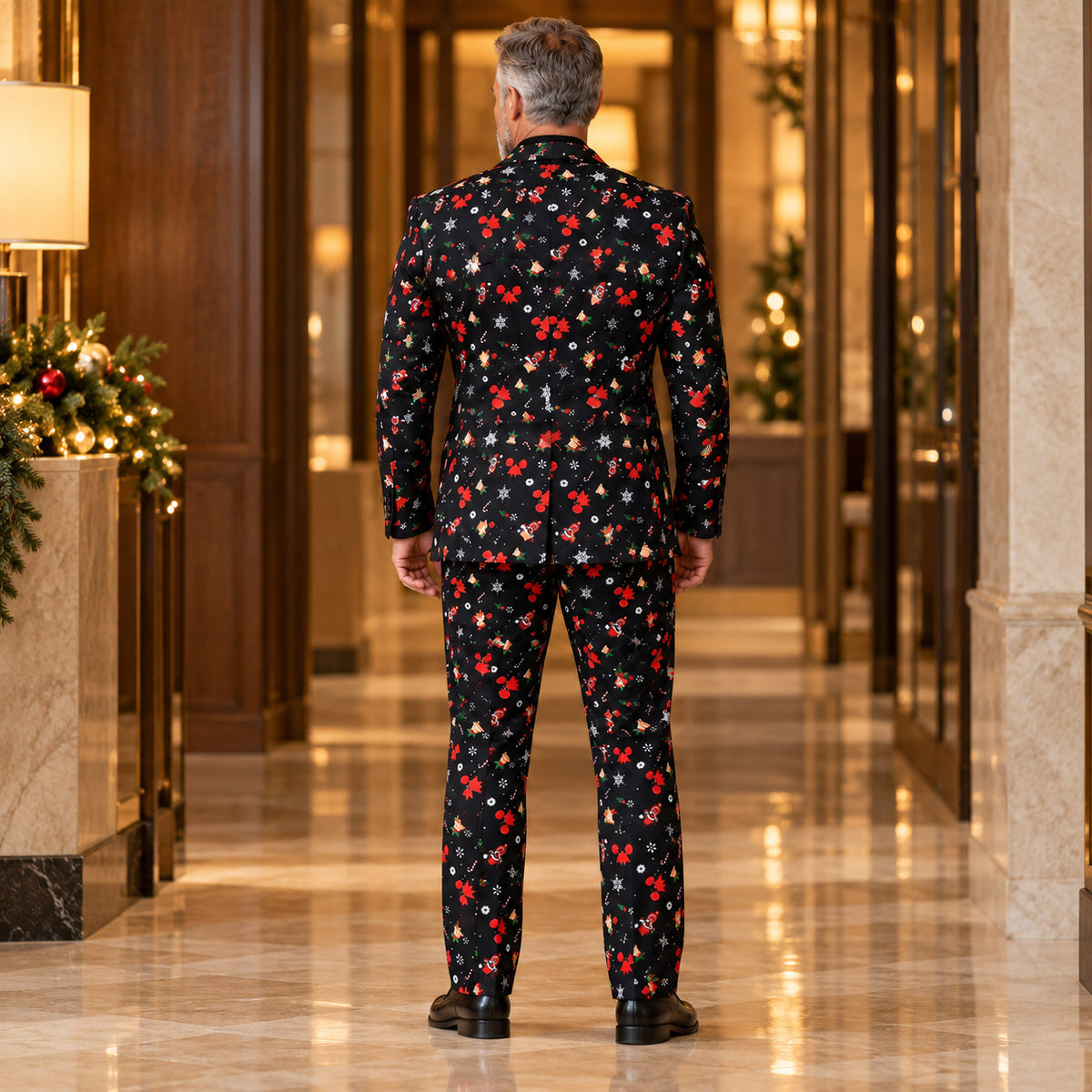 Back view of Wisholic men's slim fit Christmas print formal suit jacket and matching print trousers in an elegant hall