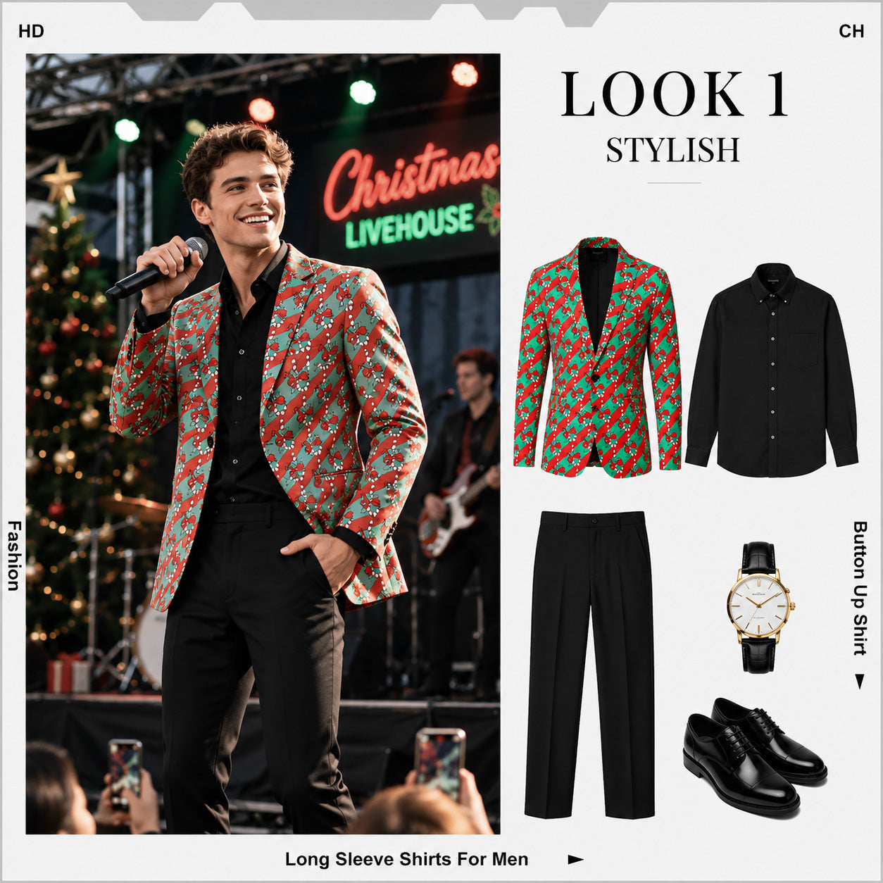 Men's Christmas party look pairing a candy cane blazer with black dress shirt and trousers | WISHOLIC