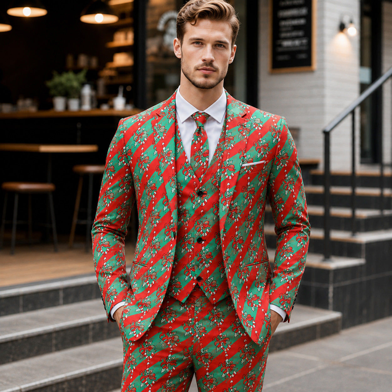 WISHOLIC men's red and green candy cane striped festive suit jacket and trousers street style