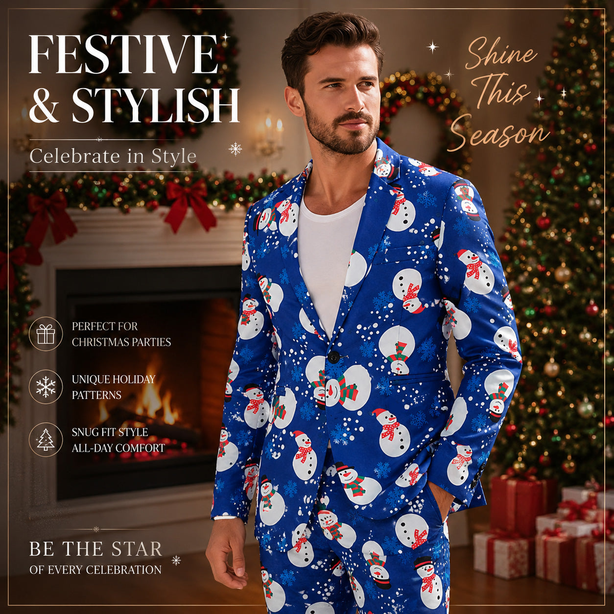 Wisholic men's blue snowman holiday suit jacket, perfect for Christmas party celebrations and festive events