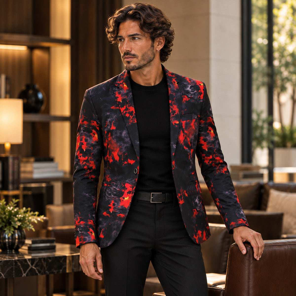 Wisholic abstract fire smoke patterned blazer jacket styled with black crewneck and formal trousers