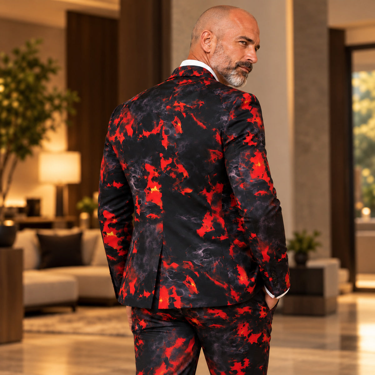 Wisholic men's red and black fire pattern suit jacket back view