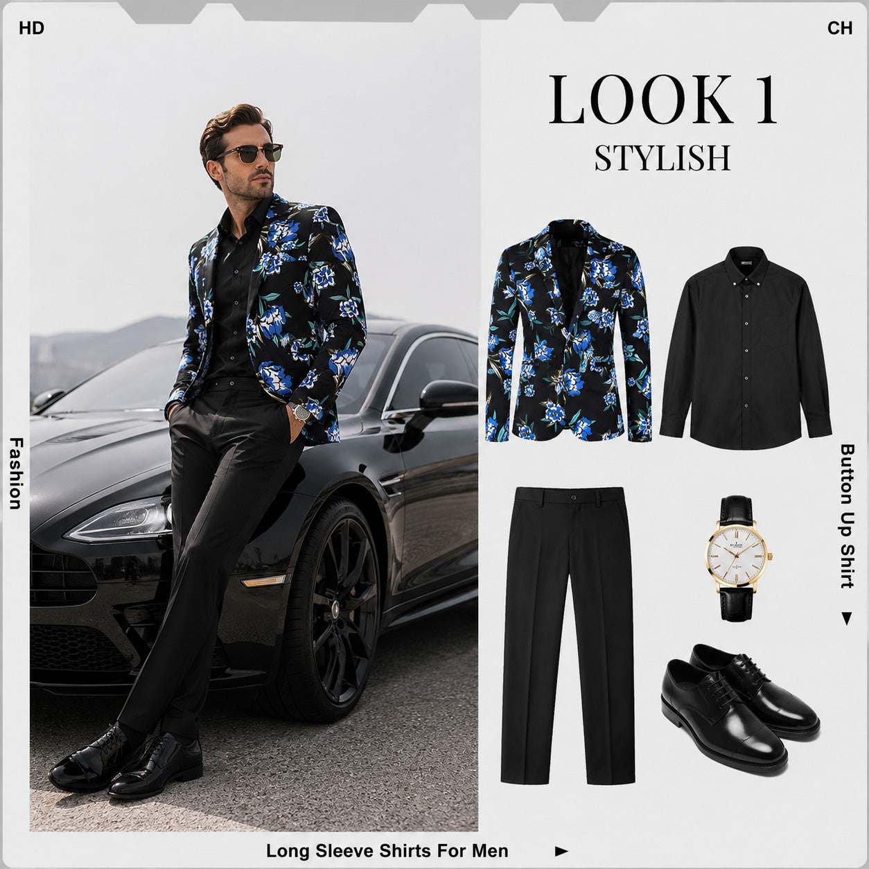 Modern gentleman styling a Wisholic blue floral print suit jacket with solid black trousers and luxury sports car background.