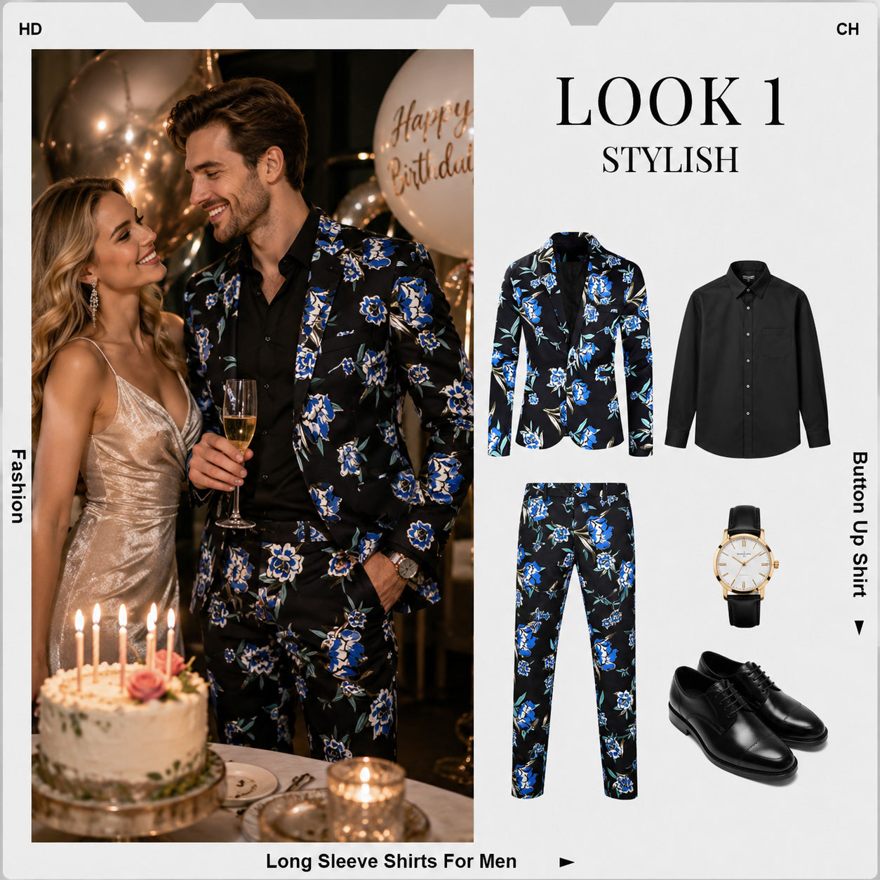 Lookbook outfit guide for Wisholic men's full floral print suit set styled with a black button-up shirt and black leather dress shoes for a birthday party.