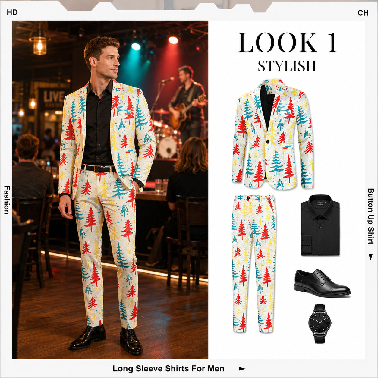 Lookbook showcase of full men's Christmas tree printed suit paired with black dress shirt and formal shoes | WISHOLIC