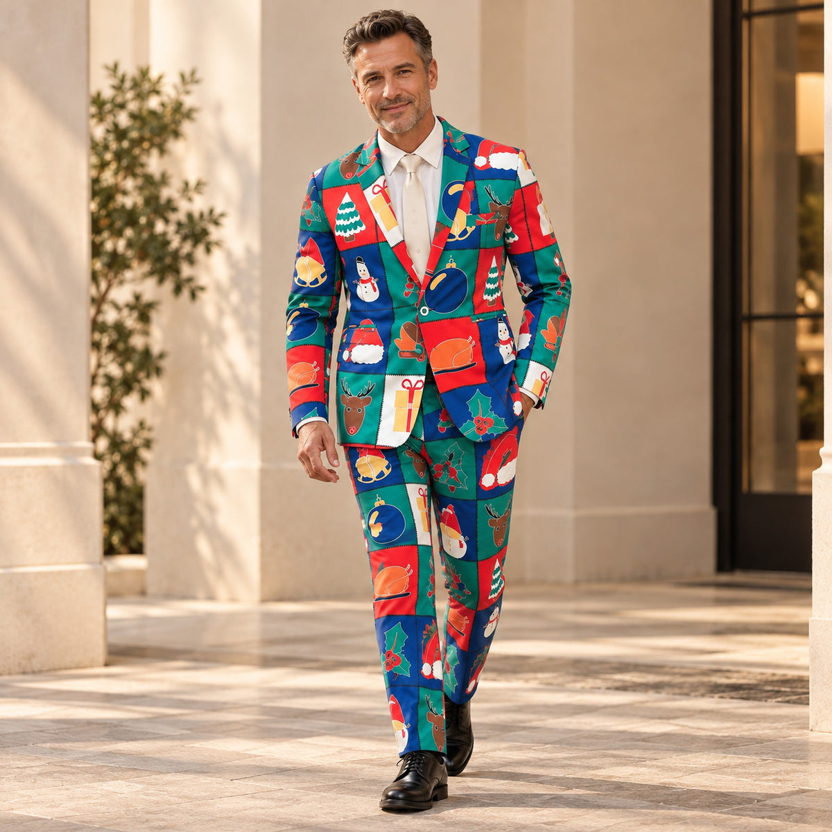 Wisholic men's full length Christmas festive suit with snowman and reindeer print