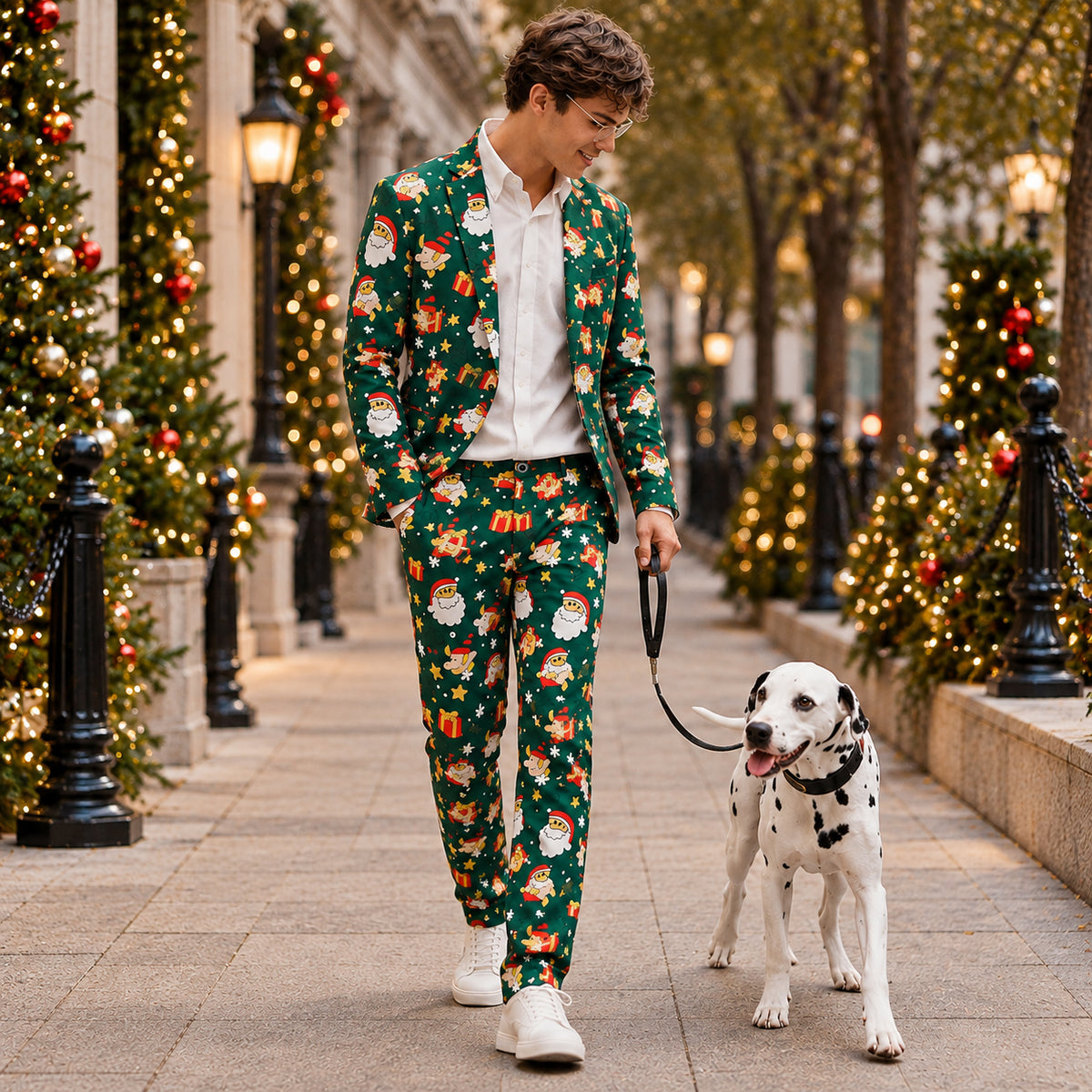 Wisholic men's green Christmas pattern printed suit styled casually with white sneakers outdoors with a dog.