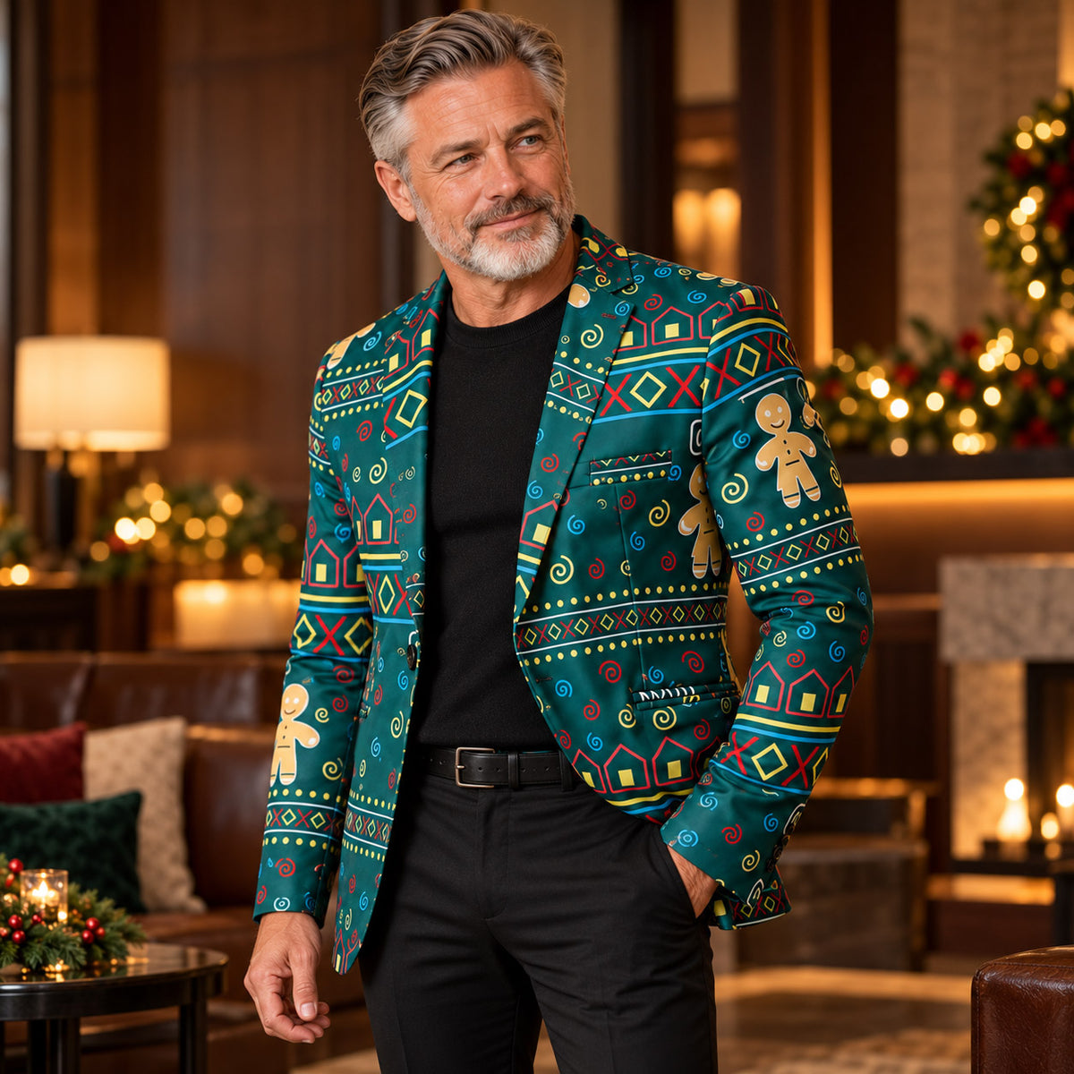 Wisholic men's festive green gingerbread print blazer styled with black trousers in a cozy holiday living room