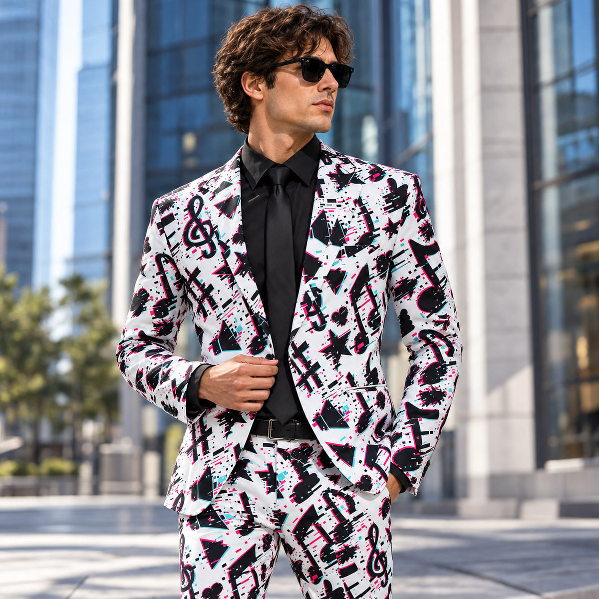 Wisholic men's glitch musical notes print two-piece suit styled with a black shirt and tie in an urban setting[cite: 14]