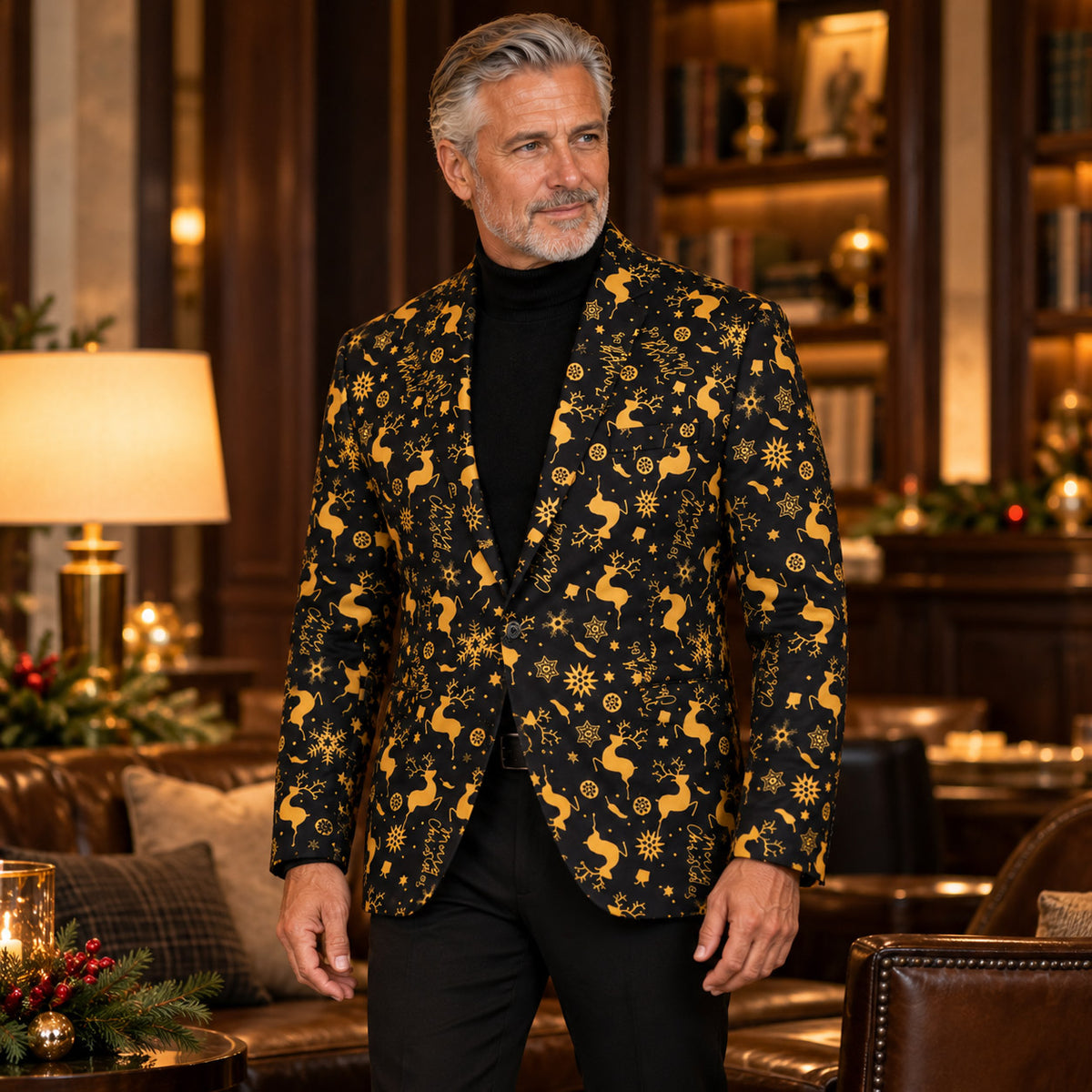 Wisholic statement holiday blazer featuring gold Christmas print paired with classic black dress pants for a refined evening outfit