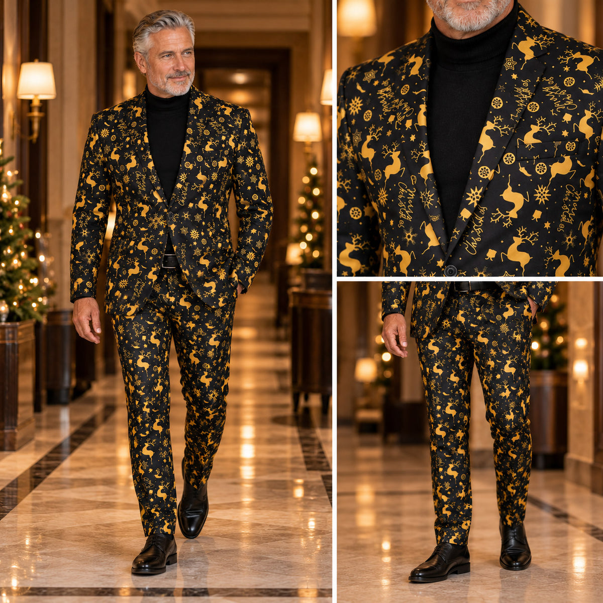 Wisholic men's luxury holiday suit collage showcasing full-body fit and close-up tailoring details of gold reindeer and snowflake patterns