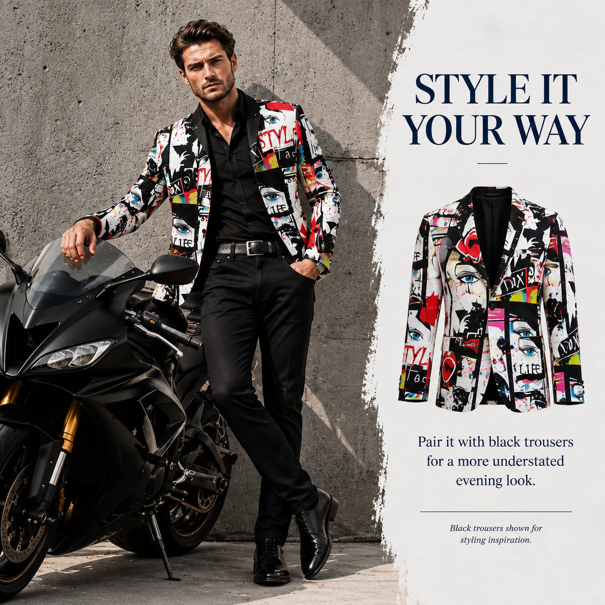 Wisholic men's graffiti printed blazer styled with casual black trousers for an evening outfit look.
