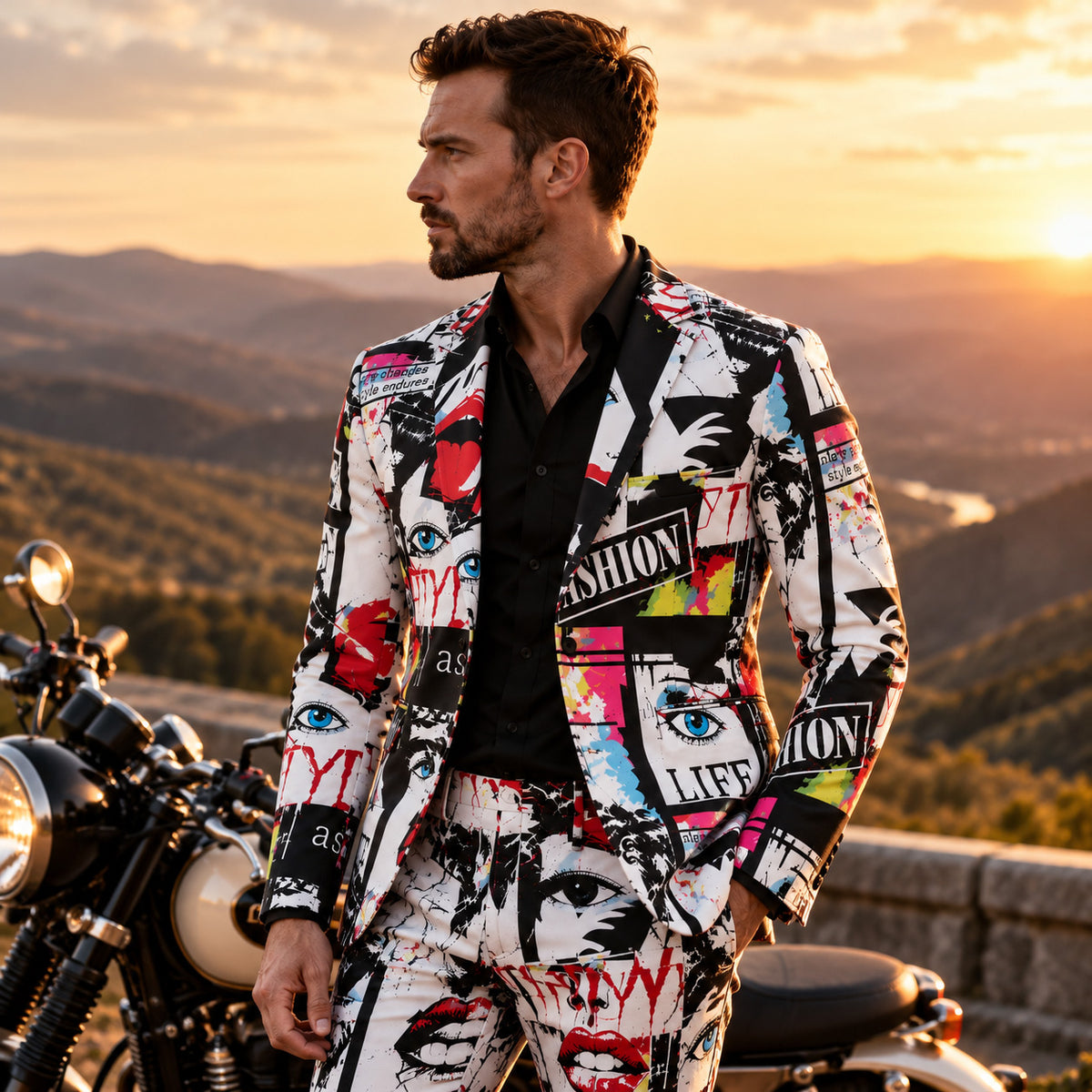 Wisholic men's pop art graffiti 2-piece printed suit with jacket and trousers worn outdoors at sunset.