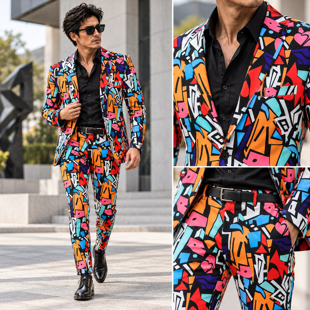 WISHOLIC men's colorful graffiti print two-piece suit shown in a full-length walking look with close-up views of the blazer lapel and matching trousers.