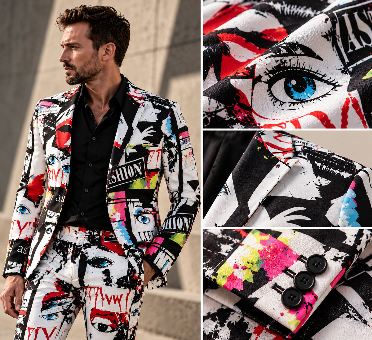Close-up details of Wisholic men's graffiti suit fabric, lapel design, and sleeve cuff buttons.