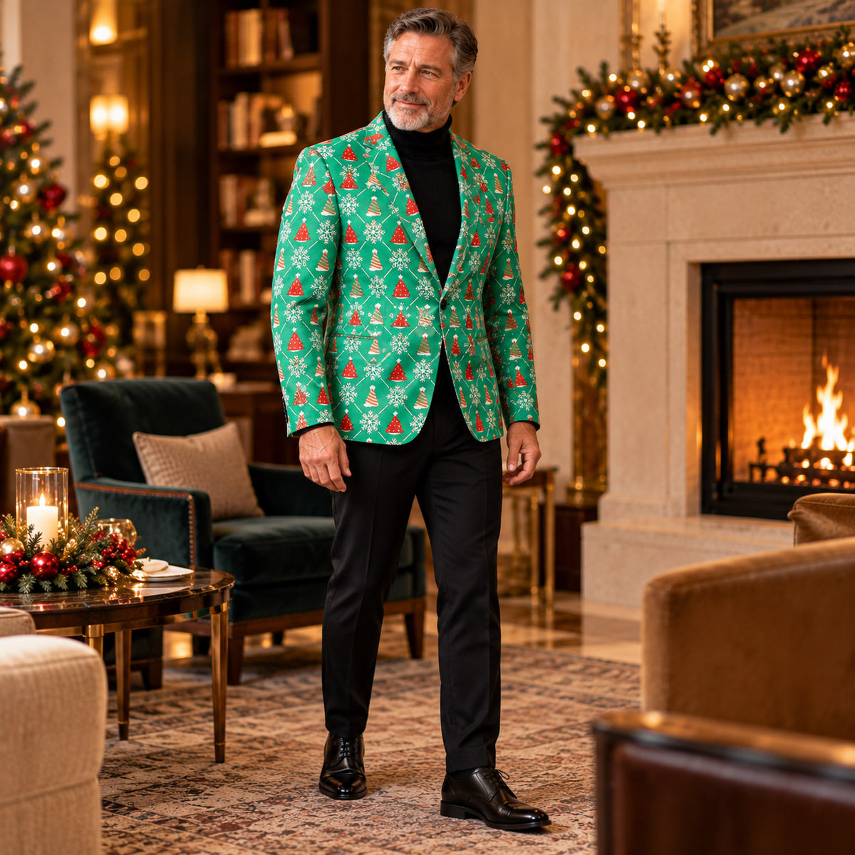 Wisholic men's green festive snowflake print blazer styled with black turtleneck and formal trousers by the fireplace