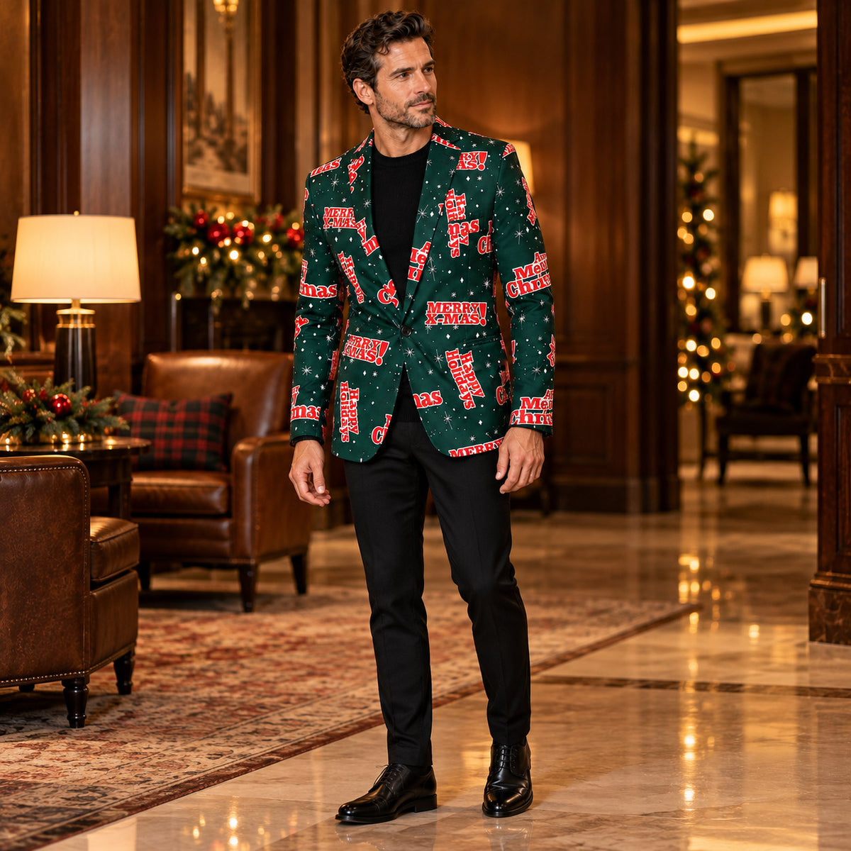 Wisholic men's green Merry Christmas print blazer jacket paired with solid black trousers and crewneck sweater for holiday party events