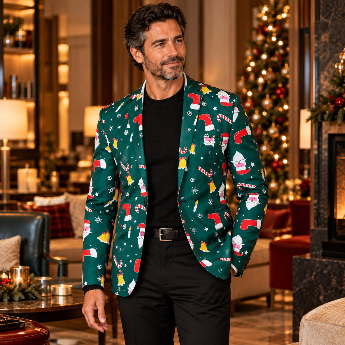 Wisholic men's green holiday icons print blazer jacket styled with solid black trousers and crewneck sweater for Christmas parties