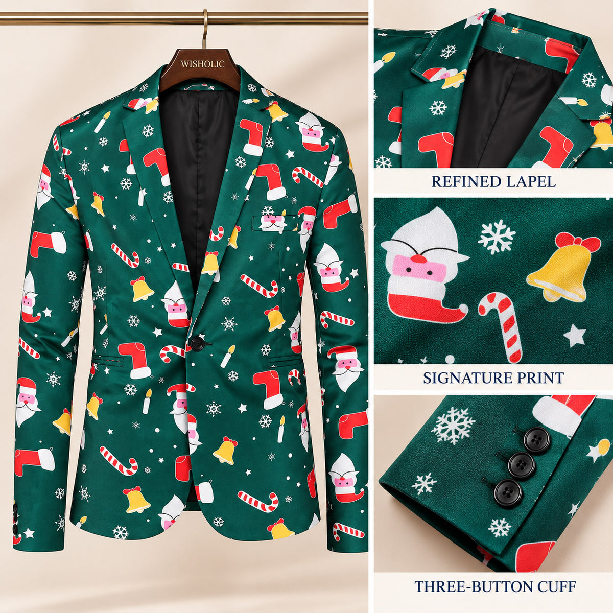 Tailoring craftsmanship of Wisholic Christmas jacket showcasing refined notch lapel, signature holiday icons print, and three-button cuffs
