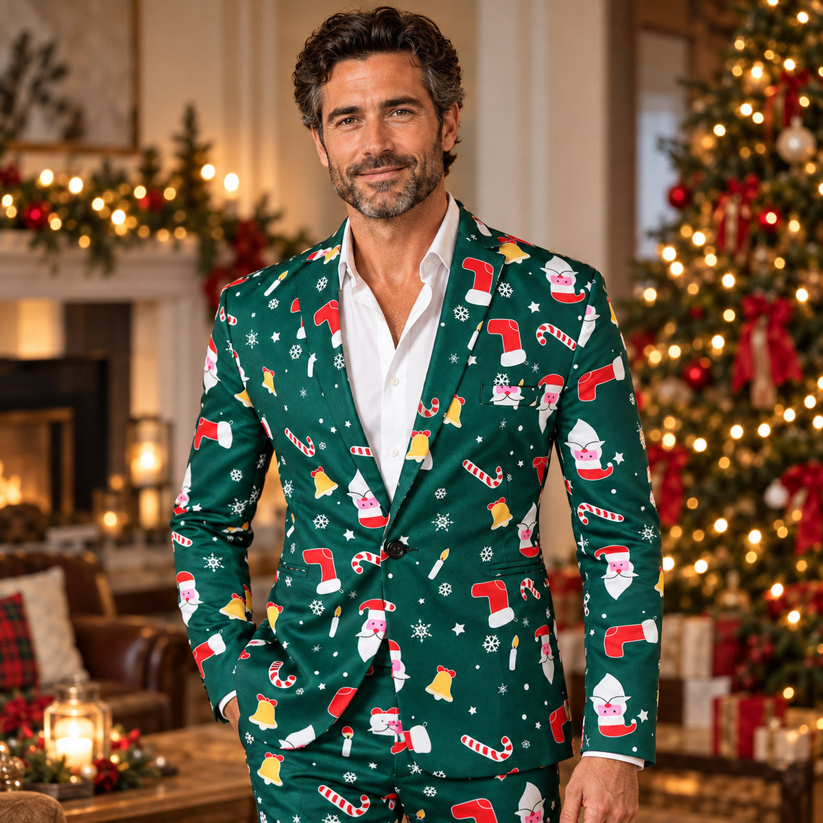 Wisholic men's festive dark green Christmas suit with Santa, holiday stockings, candy canes, and bells print styled with white dress shirt