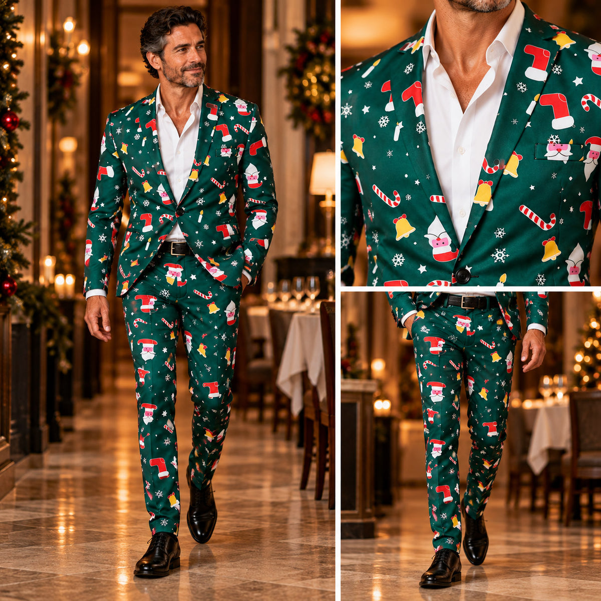 Full body fit and close-up views of Wisholic men's tailored green Christmas suit featuring festive holiday icons and slim-fit trousers