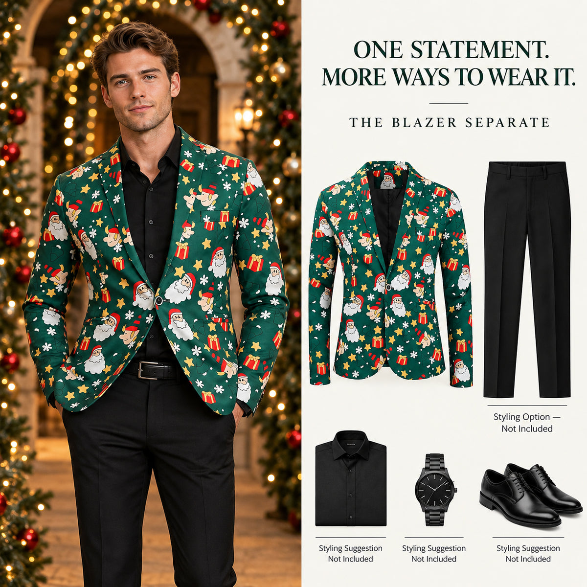 Wisholic men's green Christmas pattern blazer jacket styled separately with black formal trousers and black shirt.