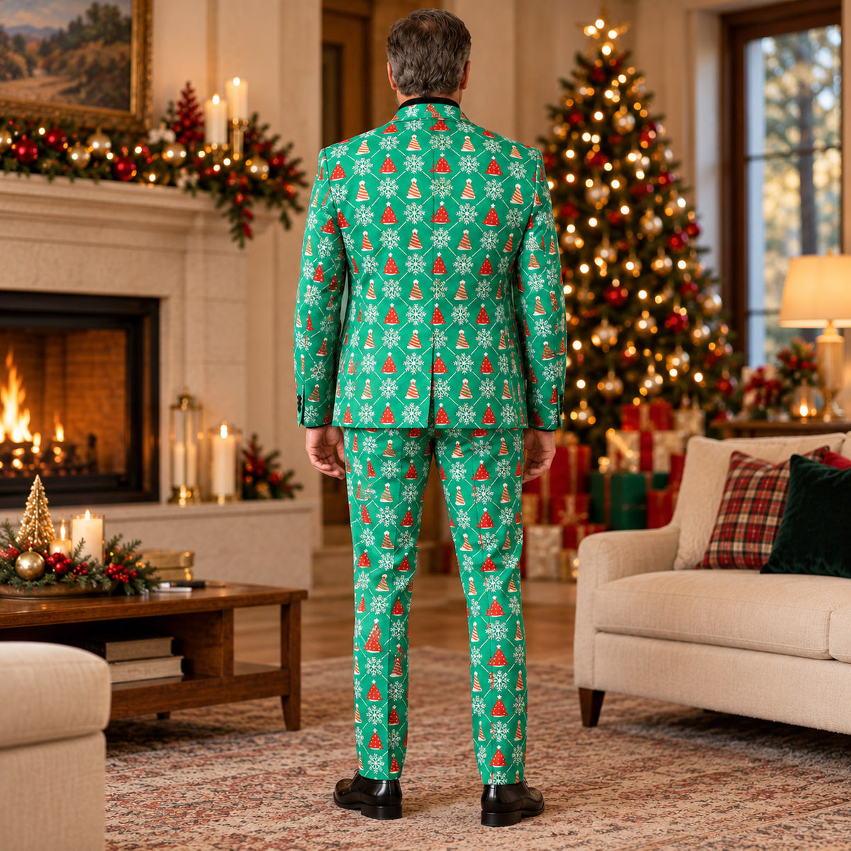 Back view of Wisholic men's tailored green Christmas tree and snowflake print jacket and slim-fit trousers