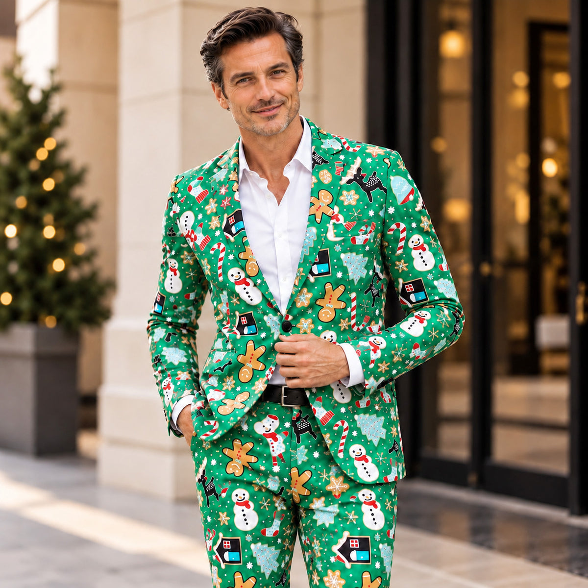Wisholic men's green Christmas printed 2-piece suit featuring gingerbread man, snowman, and candy cane patterns worn by a model.