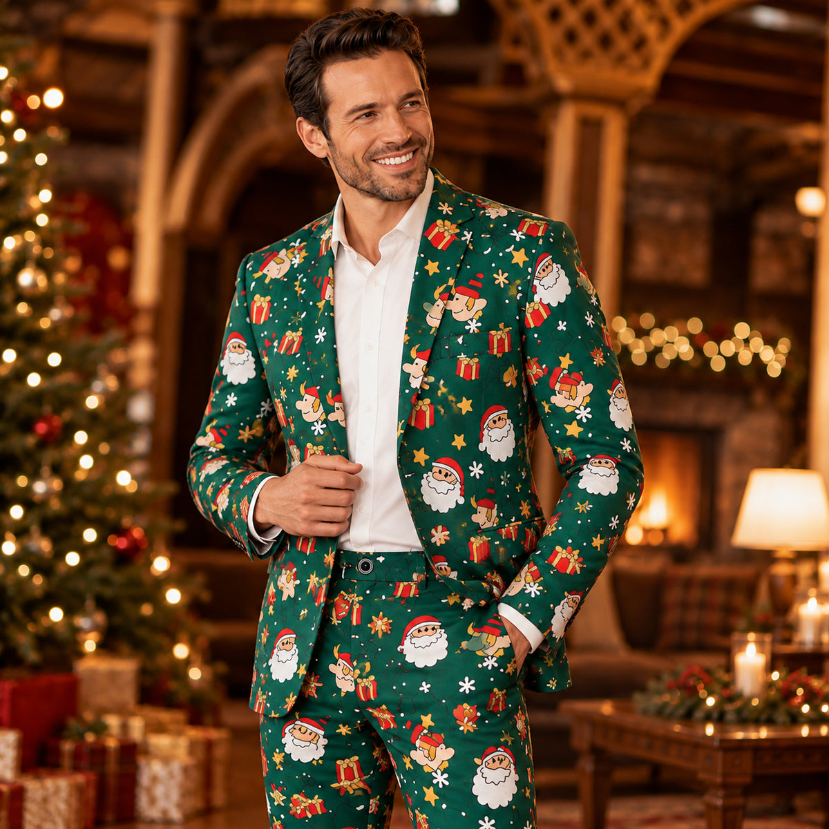 Wisholic men's green Christmas printed suit set featuring Santa Claus and elf patterns in a festive room setting.